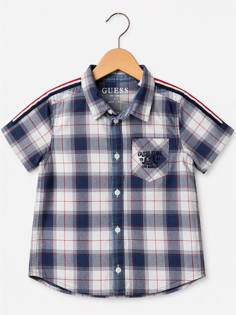 GUESS Kids Boys Plaid Short Sleeve Button Up Shirt Stripe Detail 3T Designer